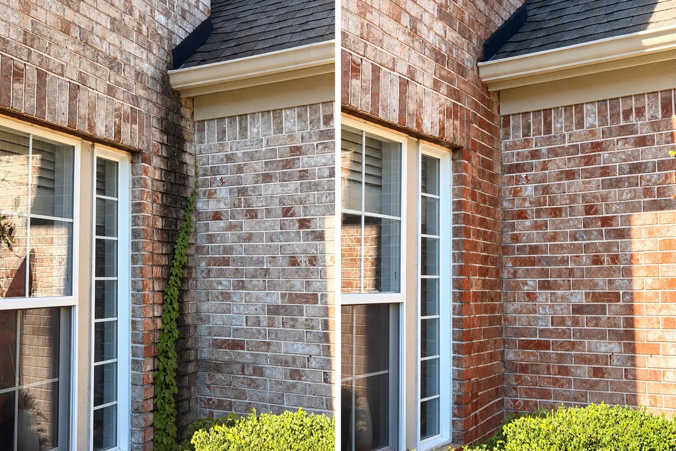 Brick wall with black mold streaks before and after soft washing