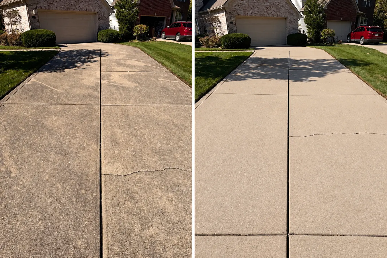Concrete driveway before and after pressure washing in Fishers, IN