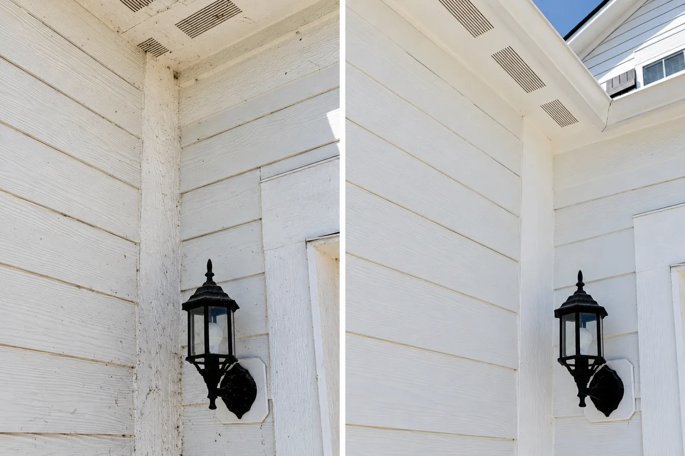 Lap siding and soffit before and after soft washing in Fishers, IN